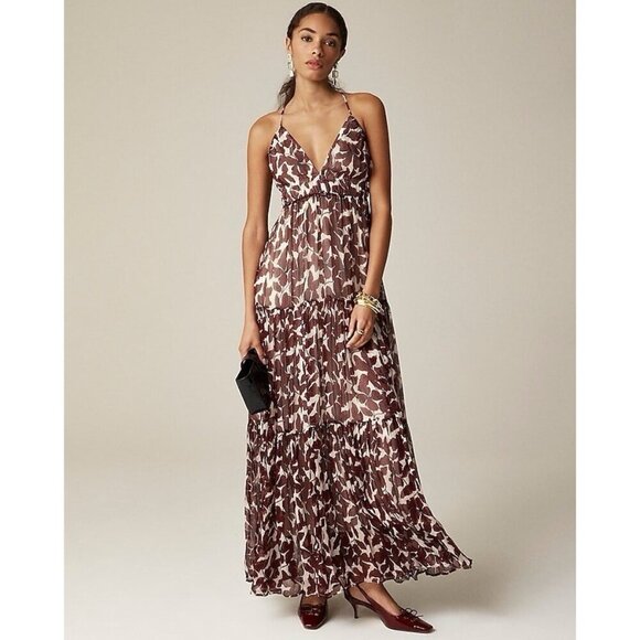 J Crew Collection Womens Maxi Dress Sz 8 Burgundy Floral Strappy V-neck Tiered - Picture 1 of 4